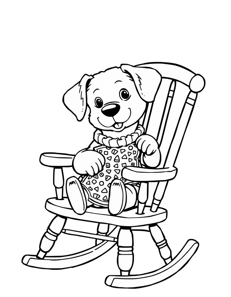 A dog in a rocking chair with knitting