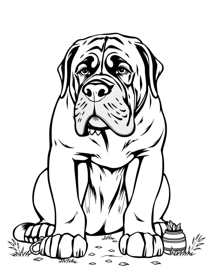A Mastiff showing its imposing size next to small objects