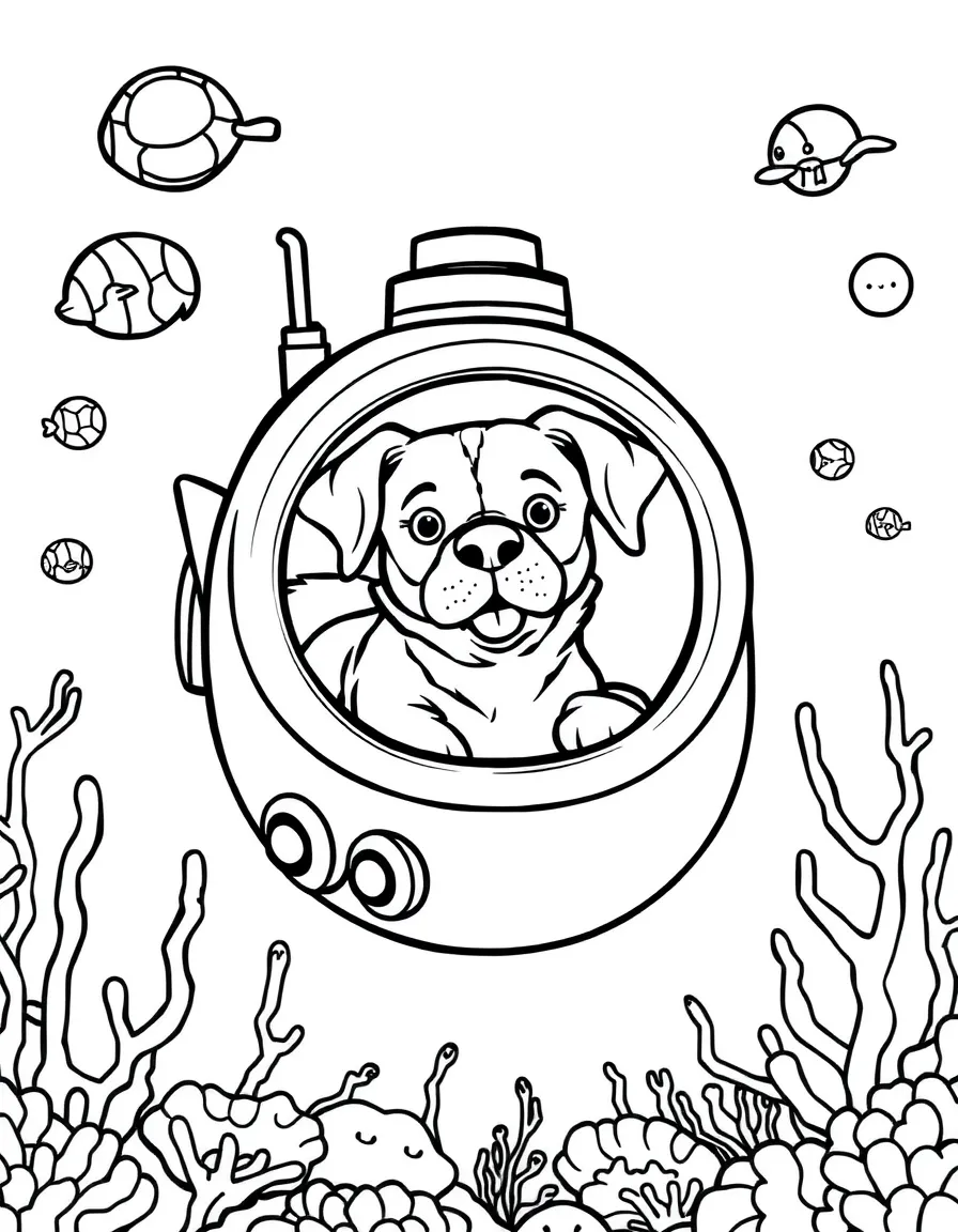 A dog in a submarine under the sea