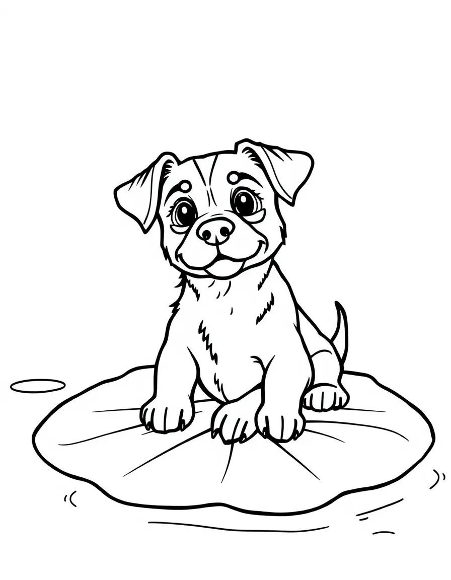 A dog floating on a lily pad