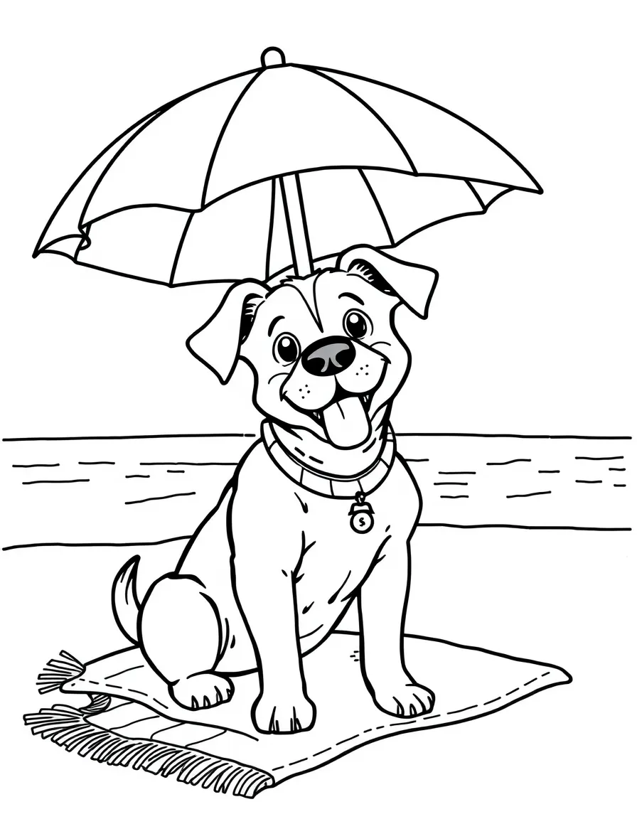 A dog having a beach day with towel and umbrella