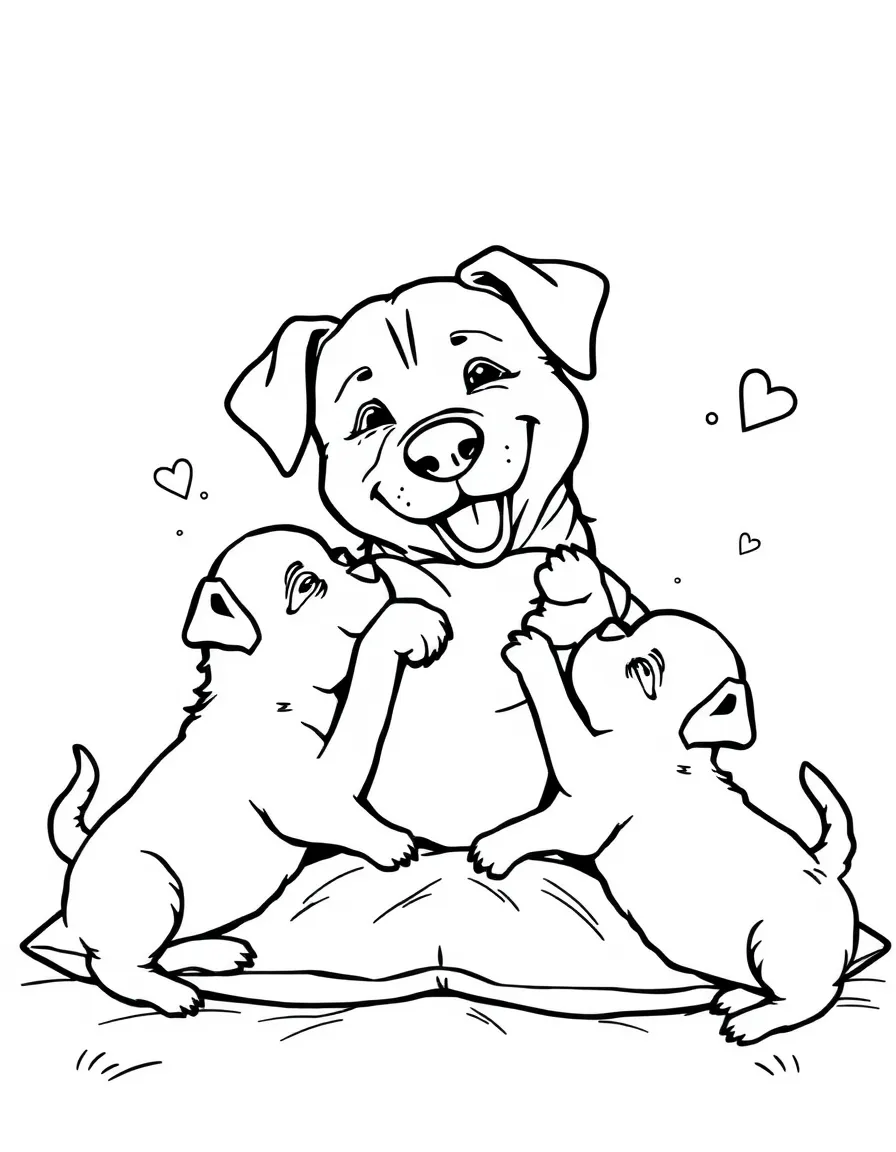 A dog having a pillow fight with puppies