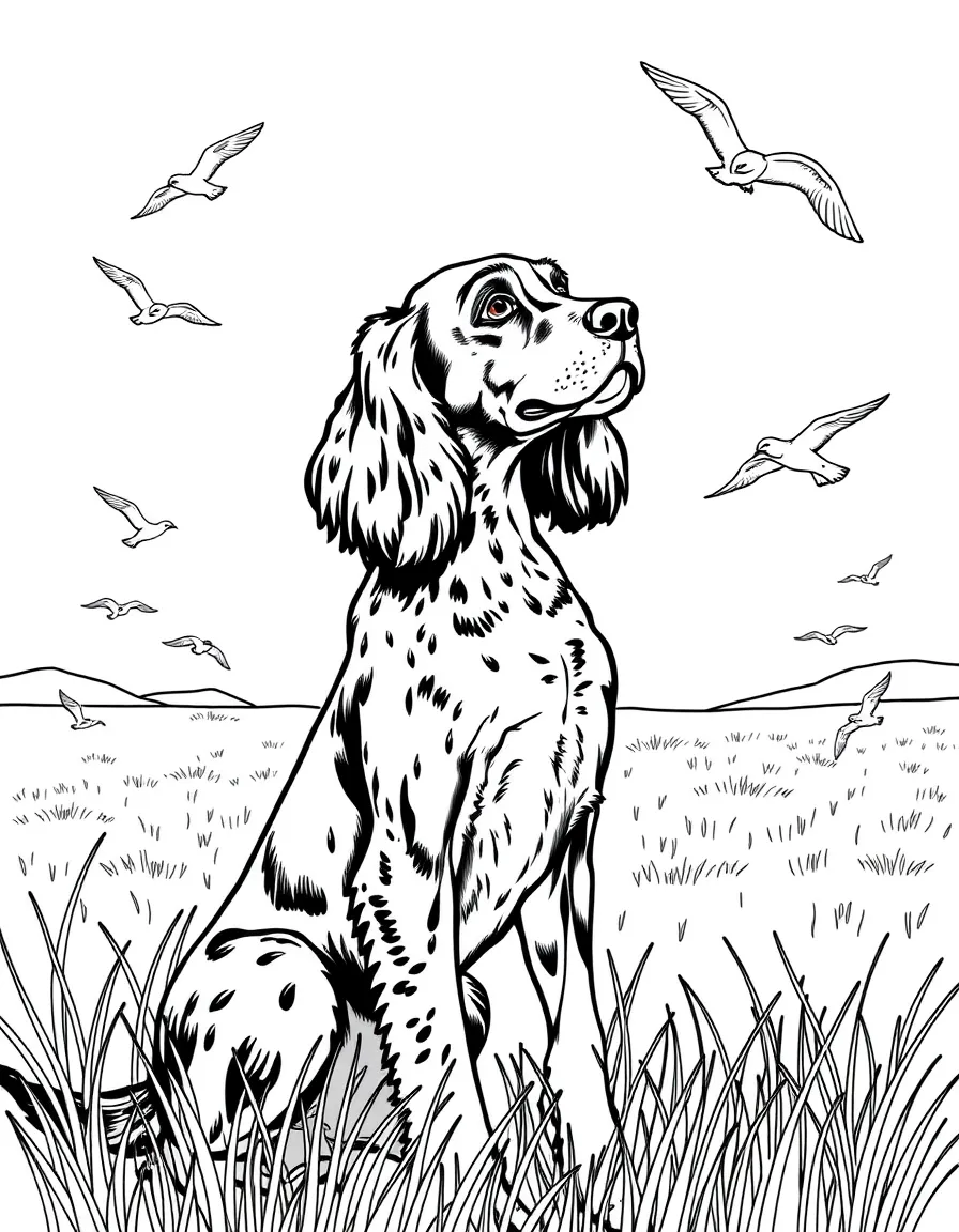 A Setter pointing toward birds in field