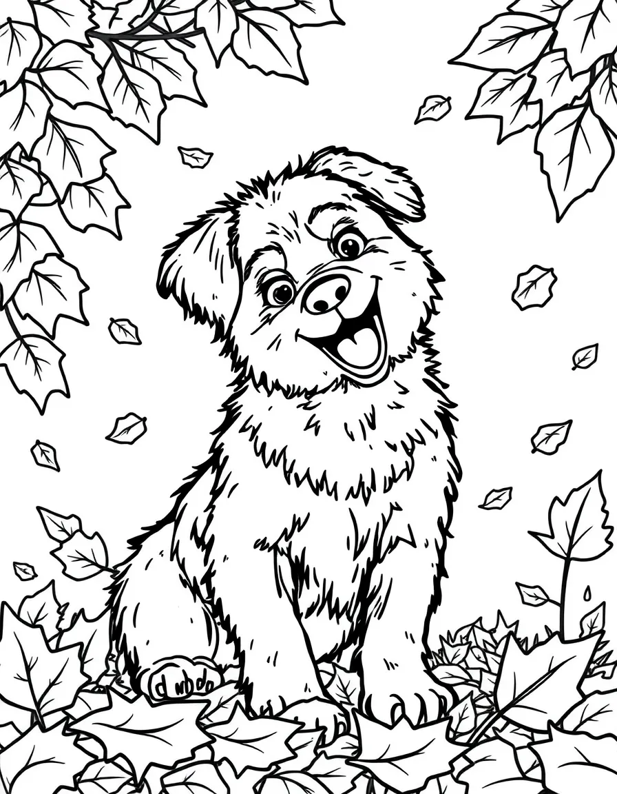 A dog playing in autumn leaves