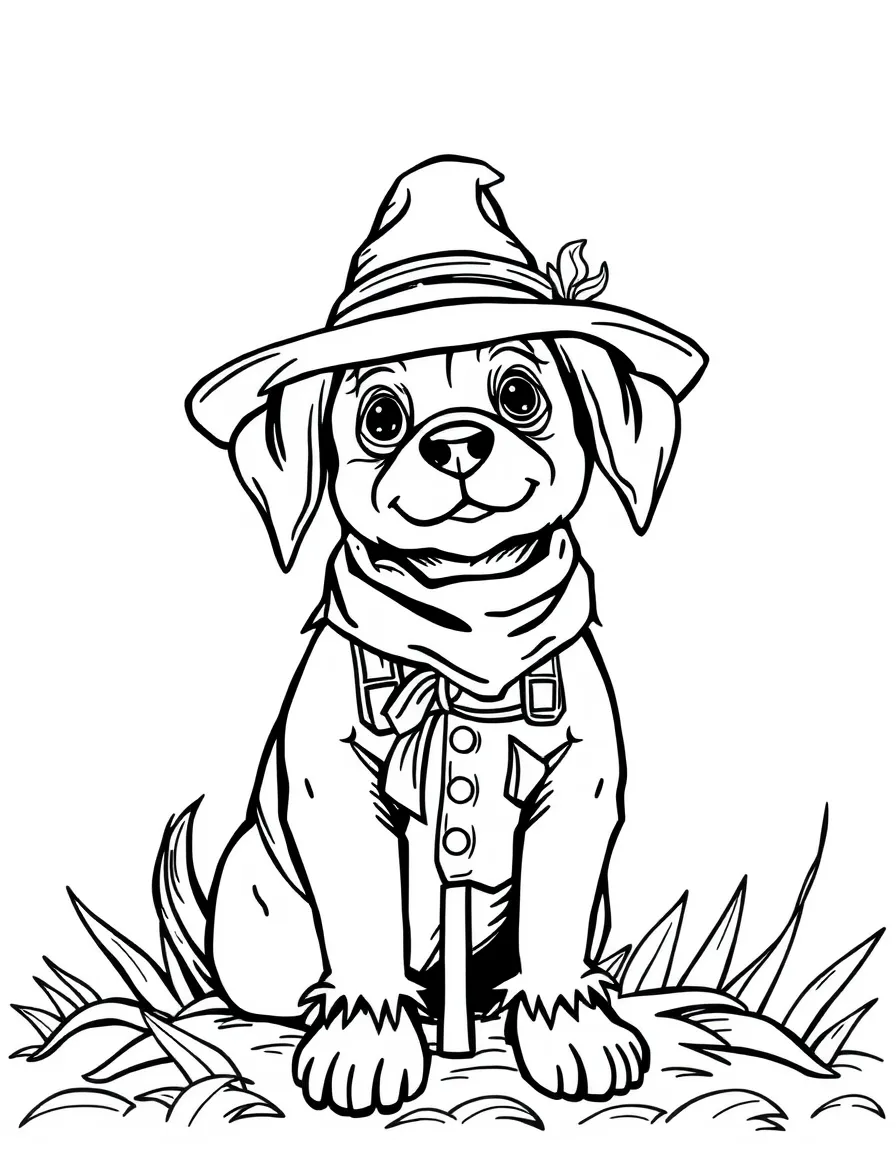 A dog dressed as a scarecrow