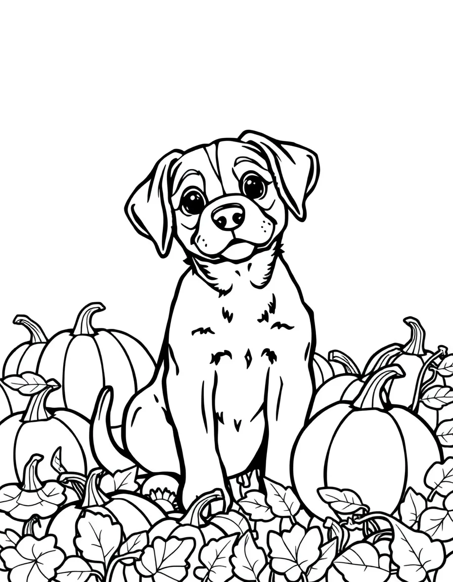 A dog sitting in a pumpkin patch