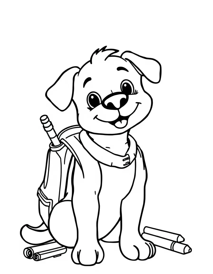 A dog with school supplies and backpack