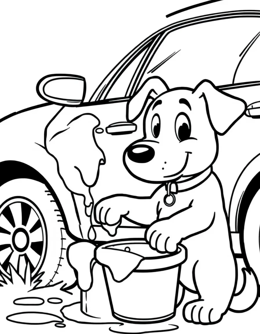 A dog washing a car with sponge and bucket