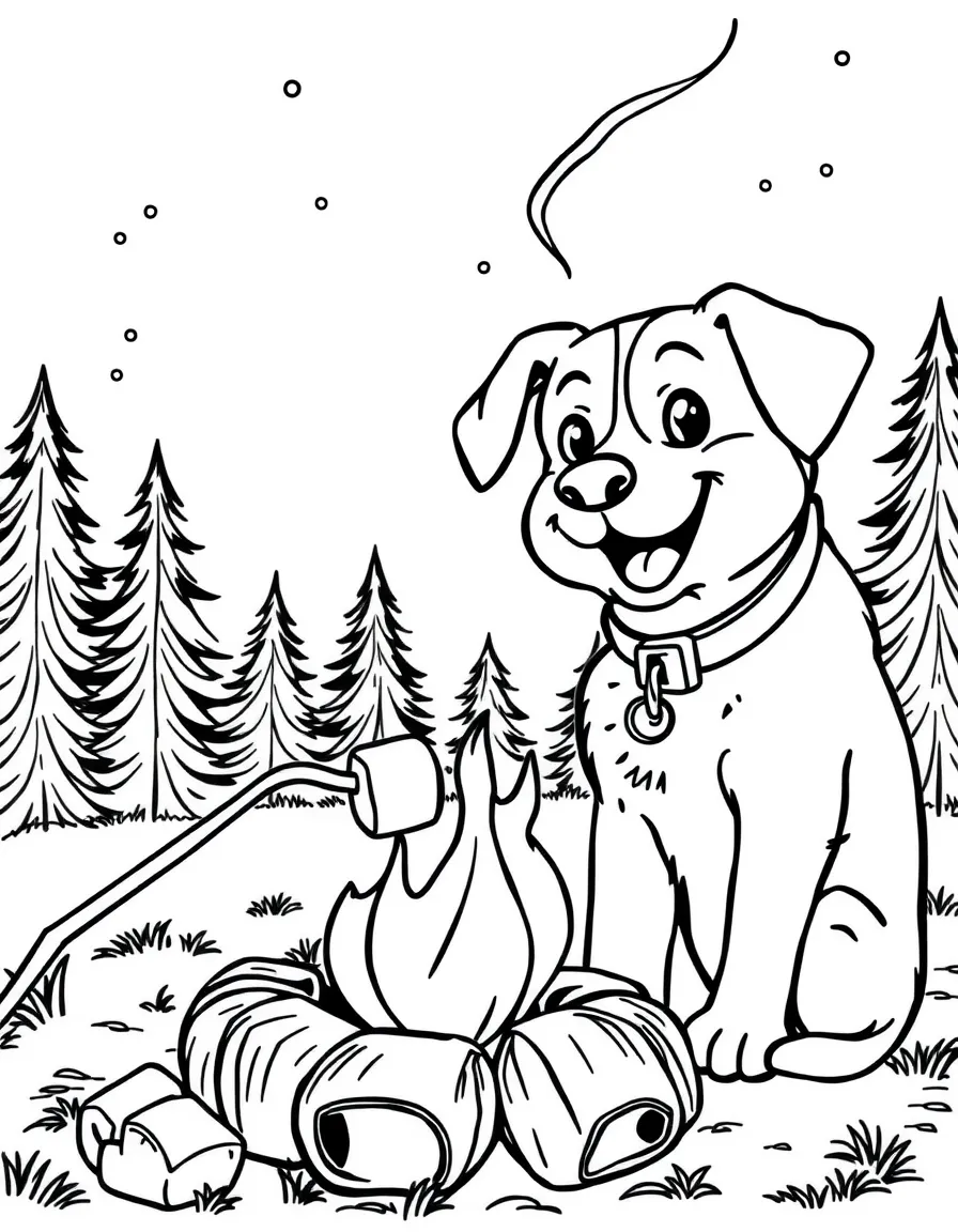 A dog roasting marshmallows at a campfire