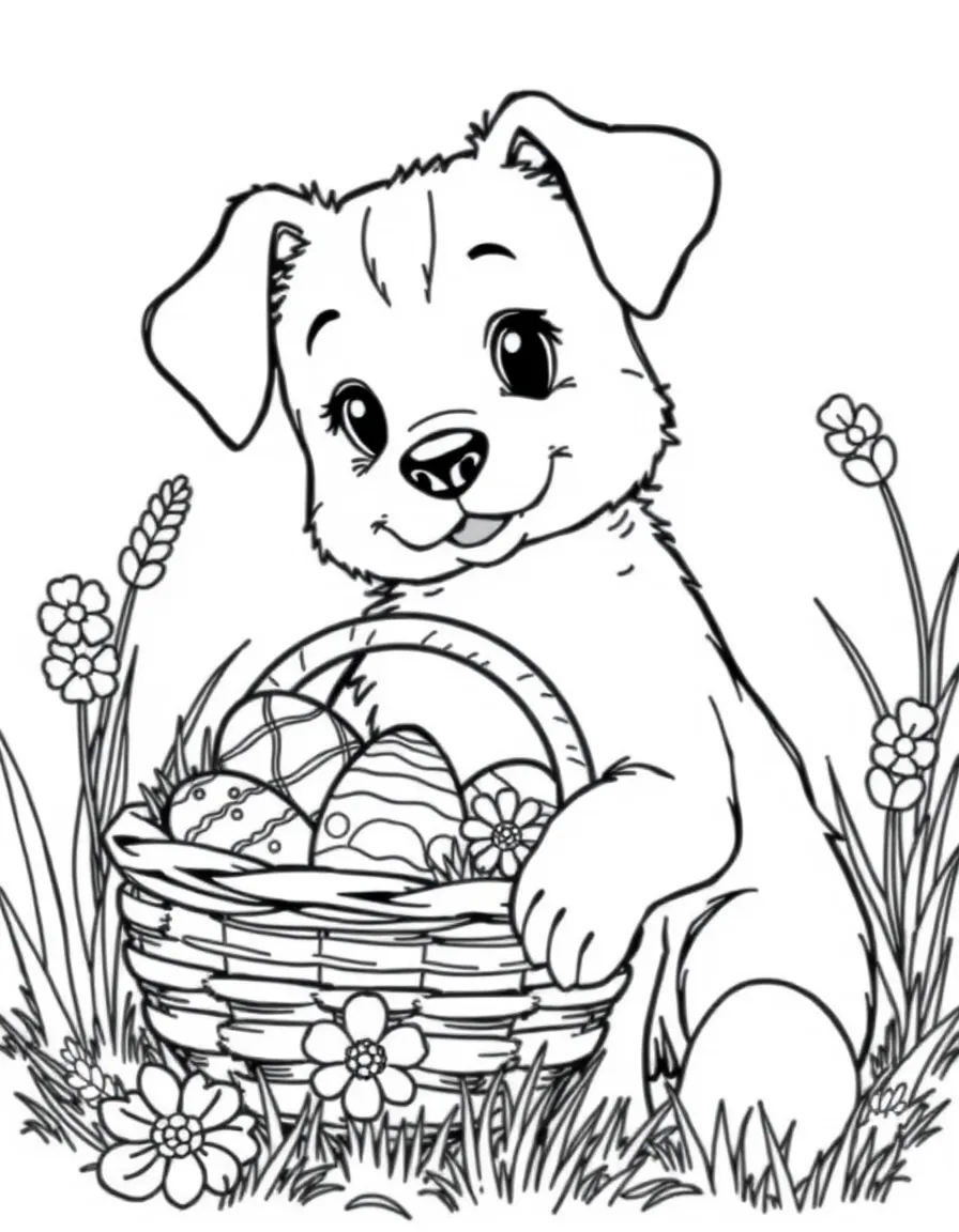A dog with Easter eggs and basket