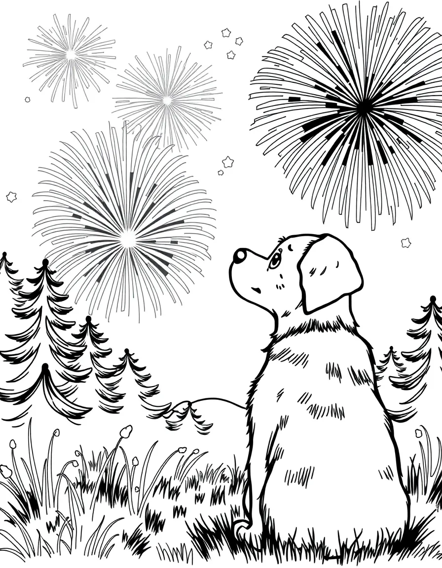 A dog watching fireworks with wonder