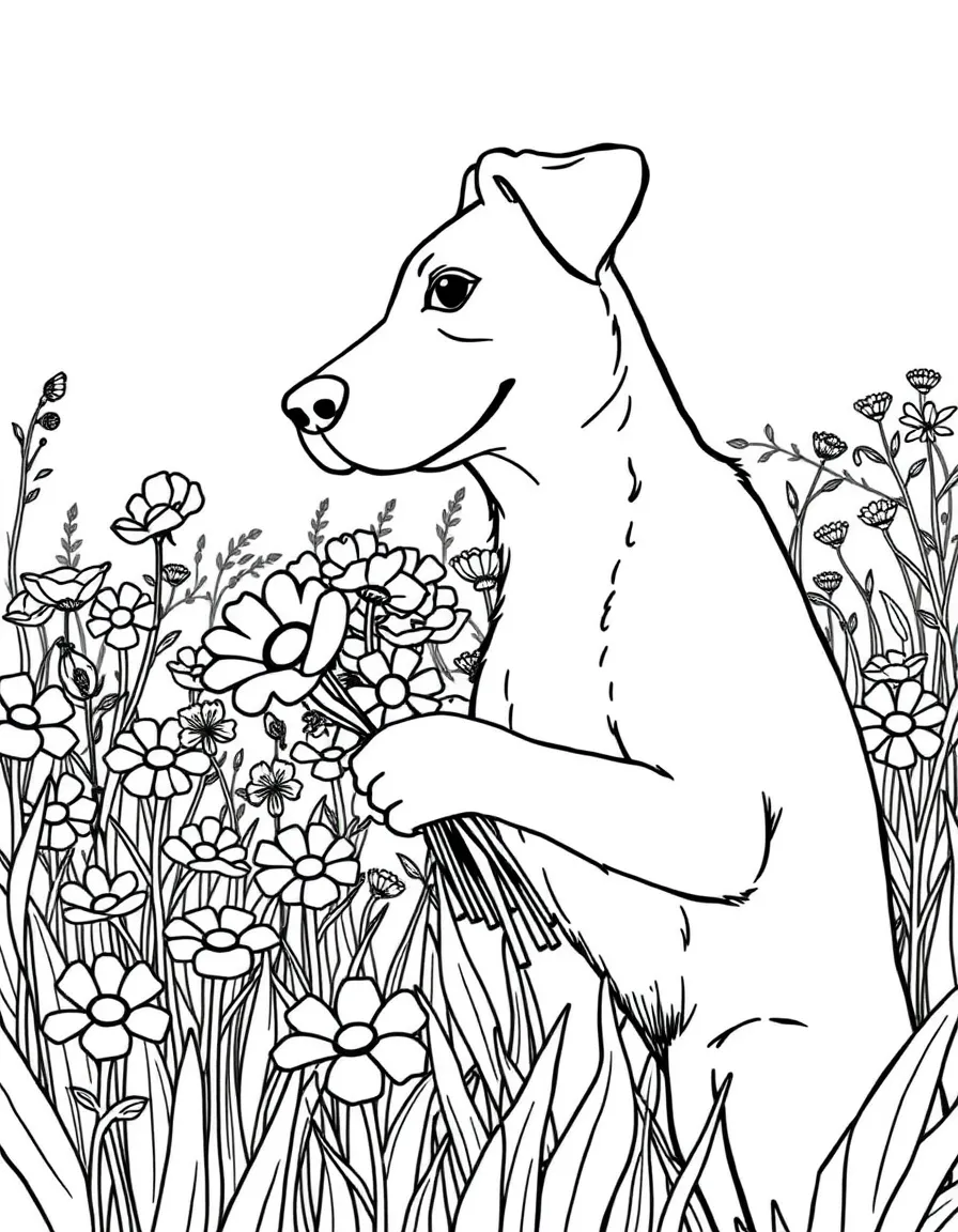 A dog in a flower field making a bouquet