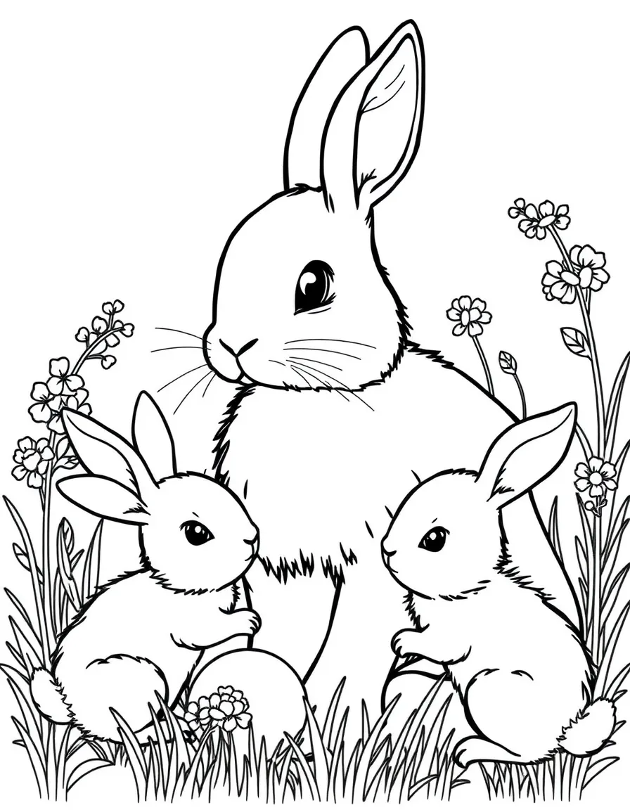 A mother rabbit surrounded by baby bunnies