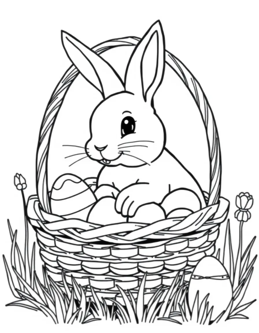 A rabbit in an Easter basket with colored eggs