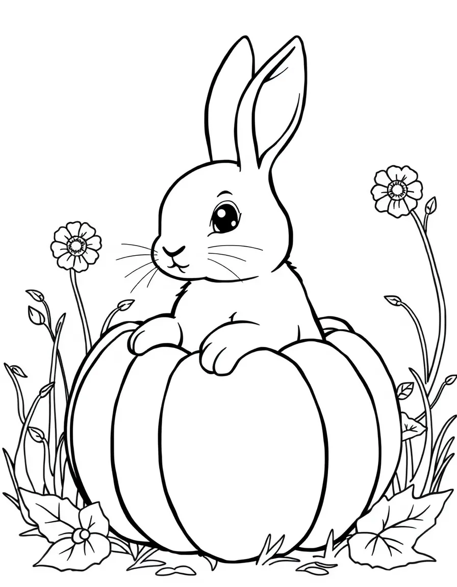 A rabbit sitting in a pumpkin