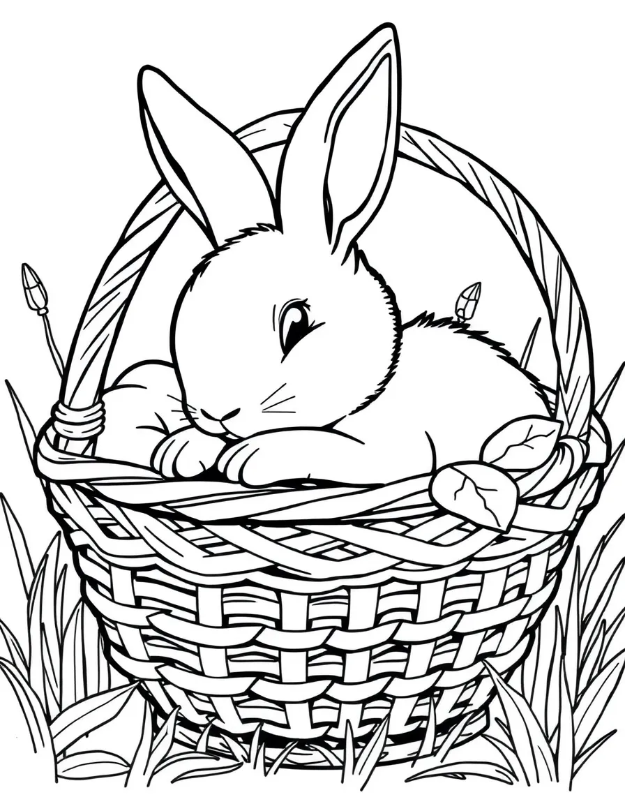 A bunny snuggled in a basket