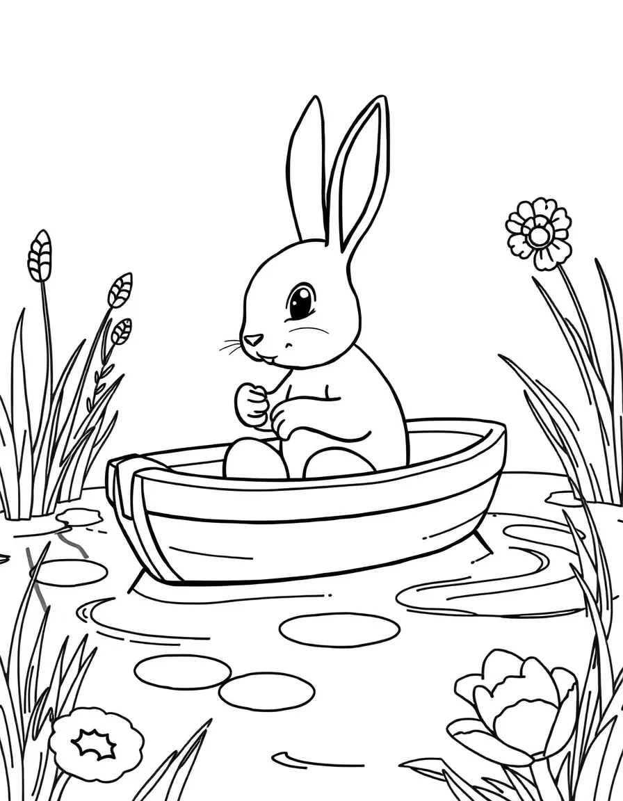 A rabbit in a boat on a pond