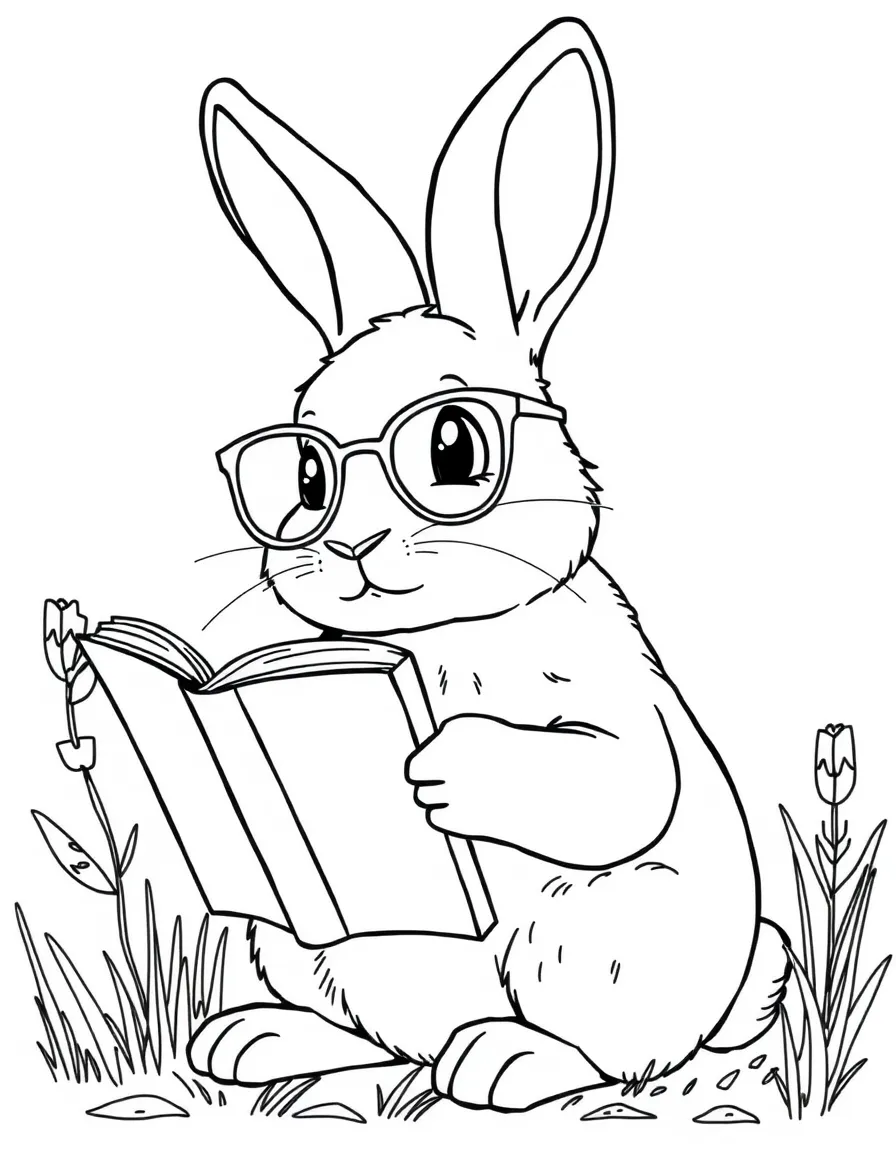 A rabbit with tiny glasses reading