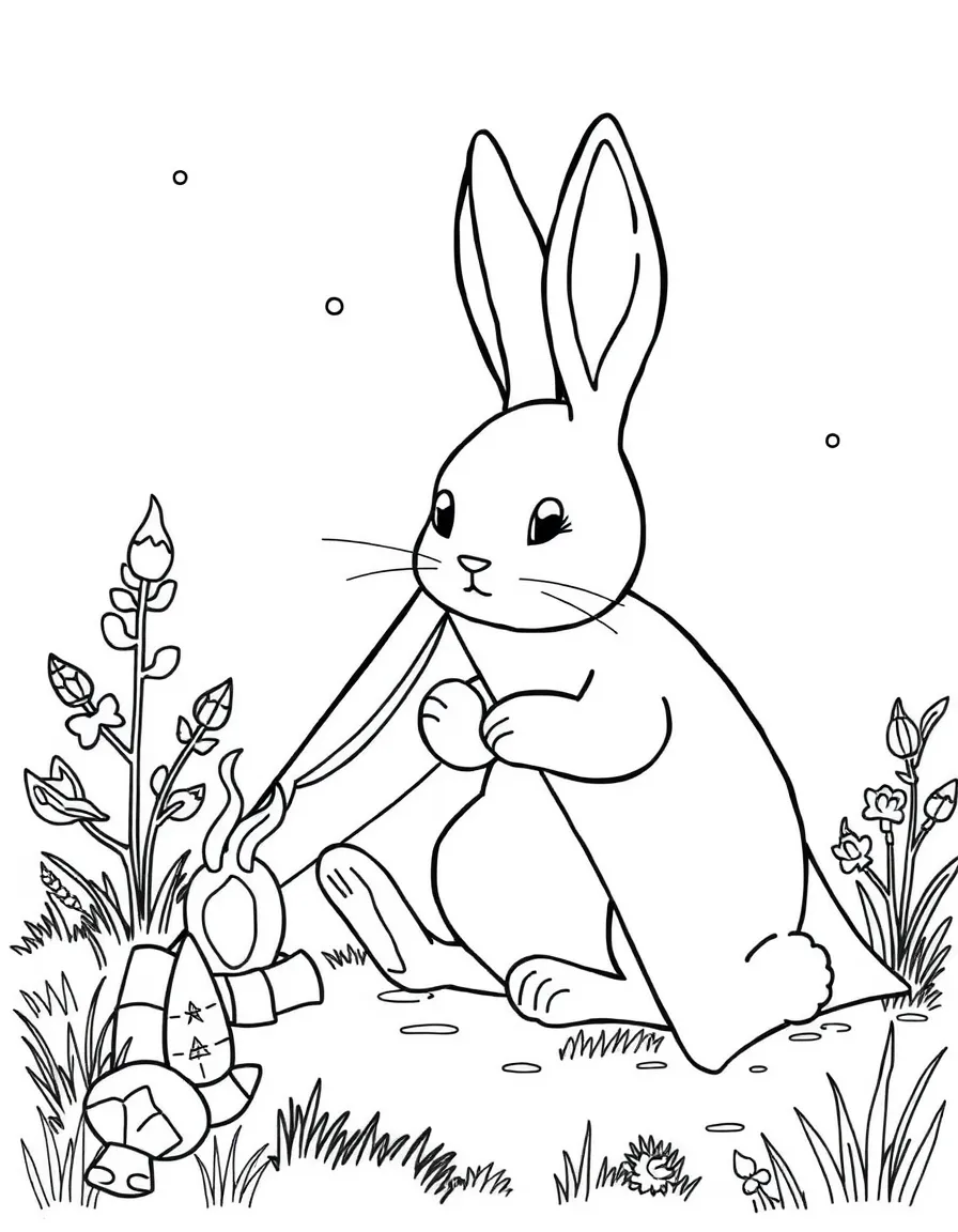 A rabbit camping with a tiny tent