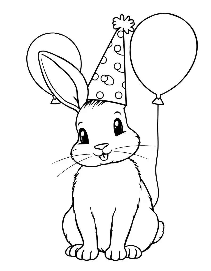 A rabbit with a birthday hat and balloons