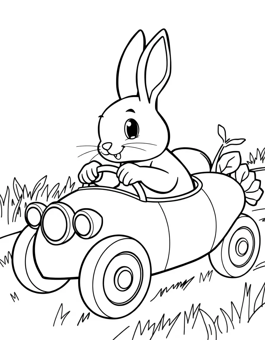 A rabbit driving a carrot-shaped car
