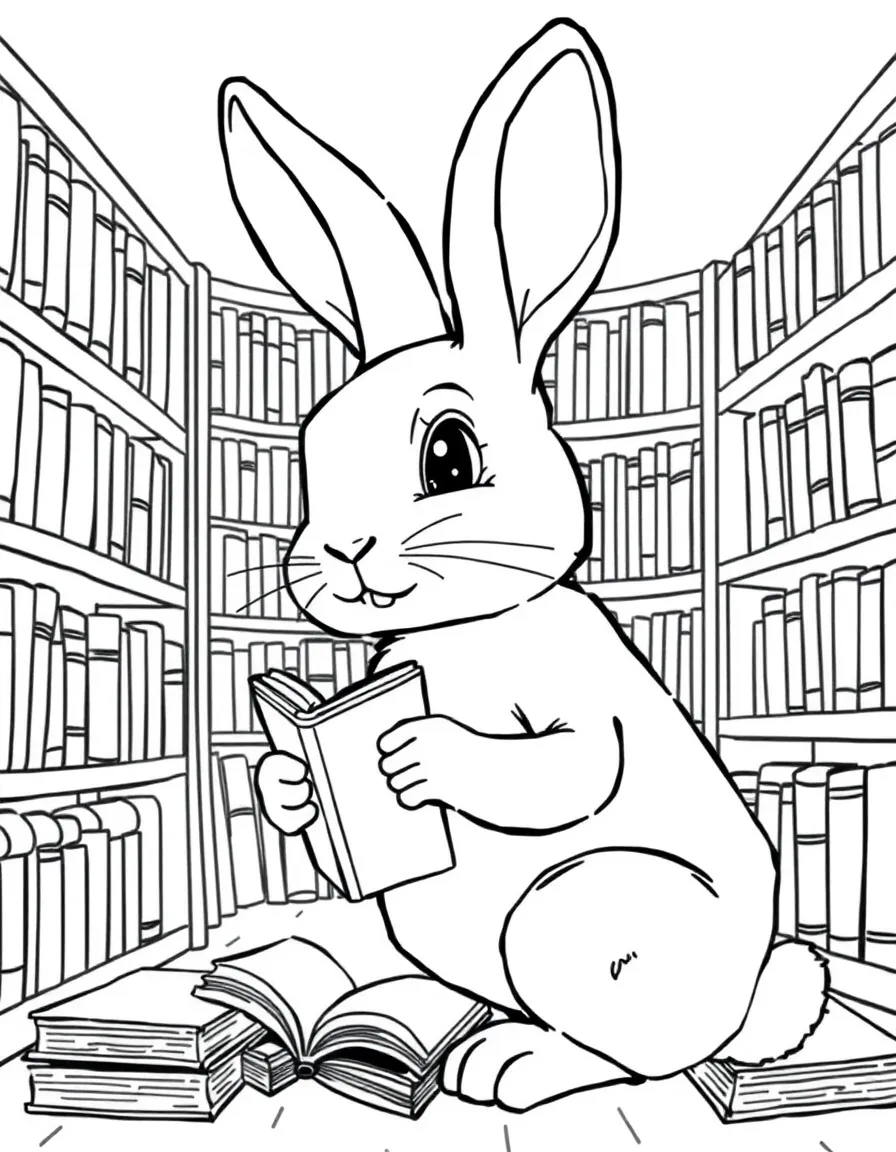 A rabbit in a library with books