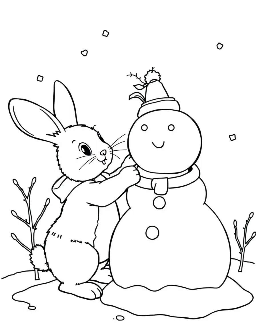 A rabbit building a snowman