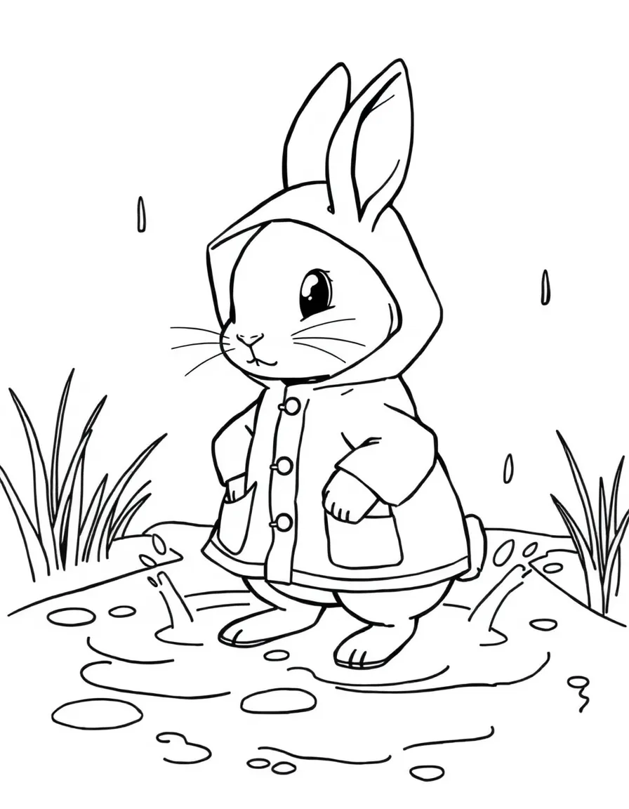 A rabbit in a raincoat splashing in puddles