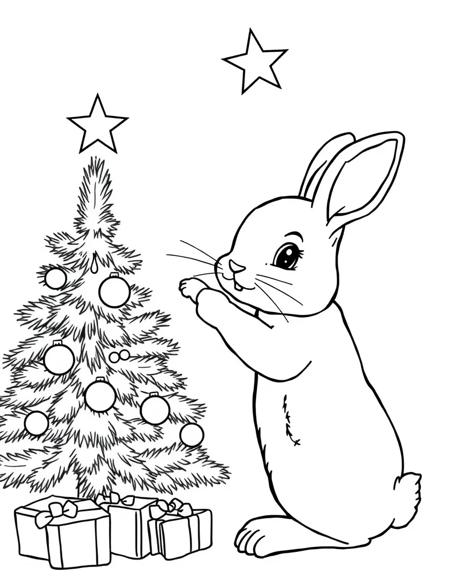 A rabbit decorating a Christmas tree