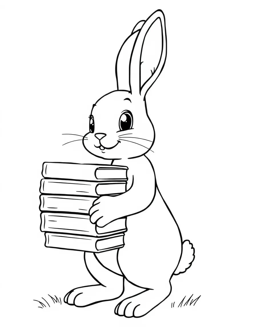 A rabbit carrying a stack of books