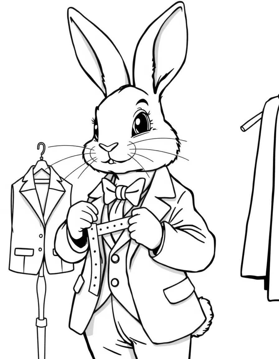 A rabbit tailor measuring for a suit