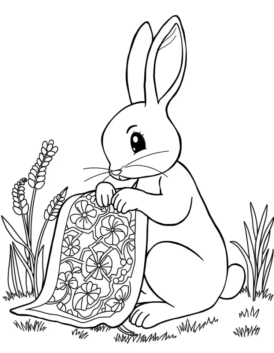 A rabbit making a quilt