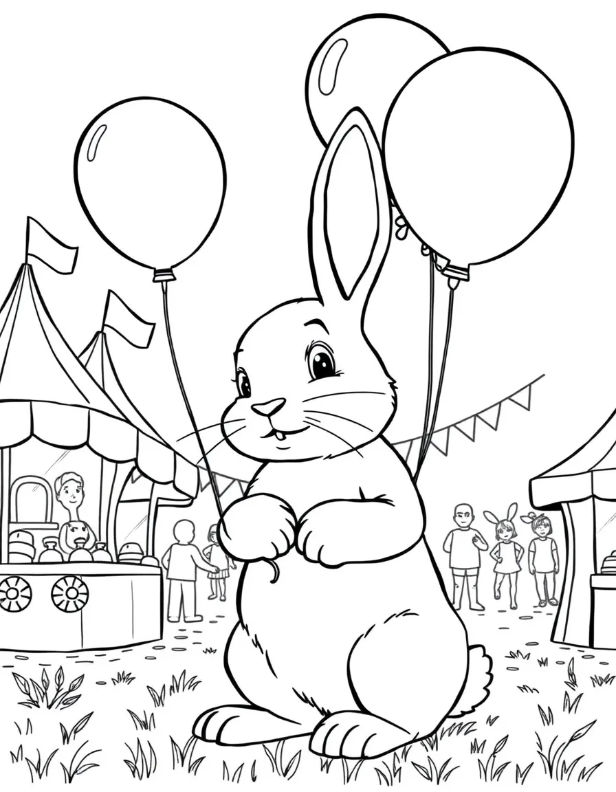 A rabbit with balloons at a fair
