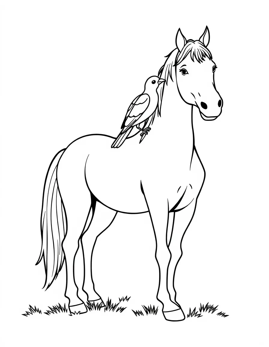A horse with a bird sitting on its back