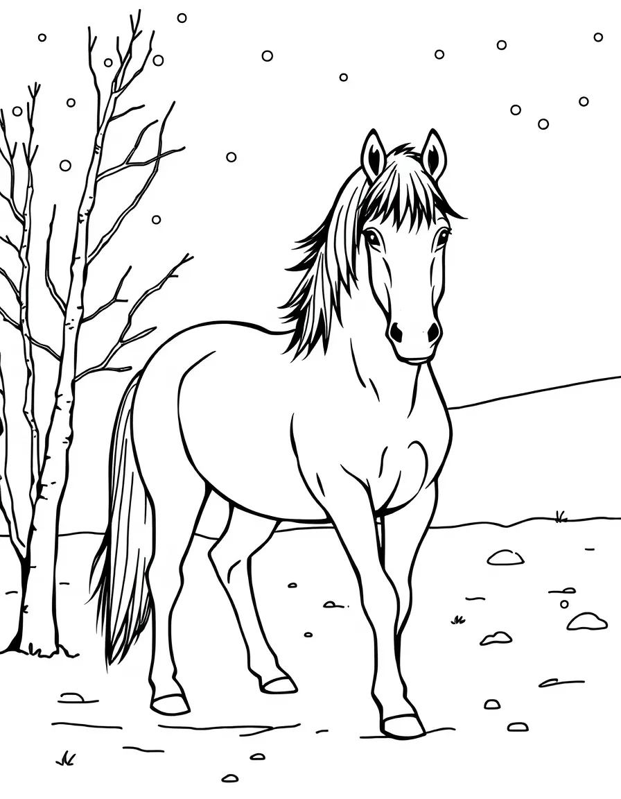 A horse in a snowy winter scene