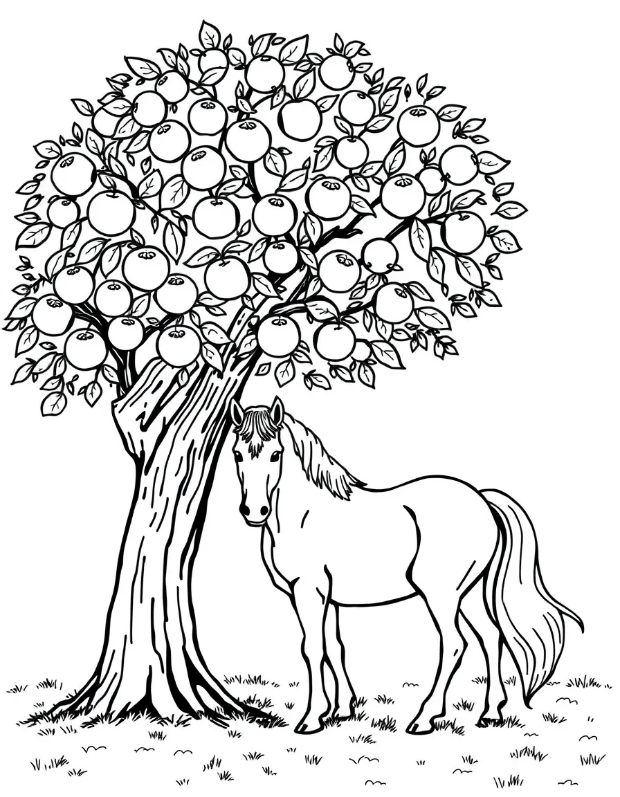 A horse under an apple tree