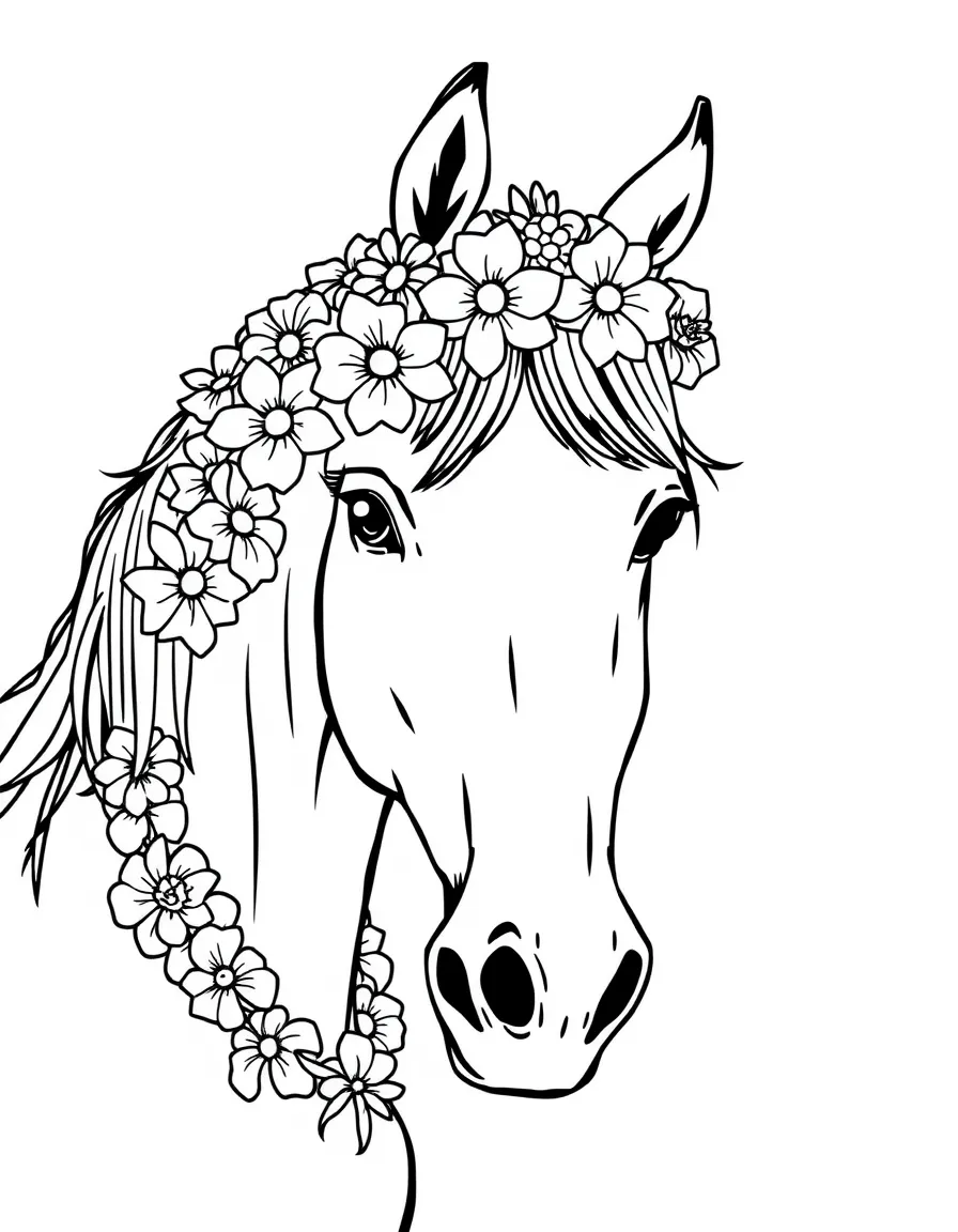 A horse wearing a flower garland