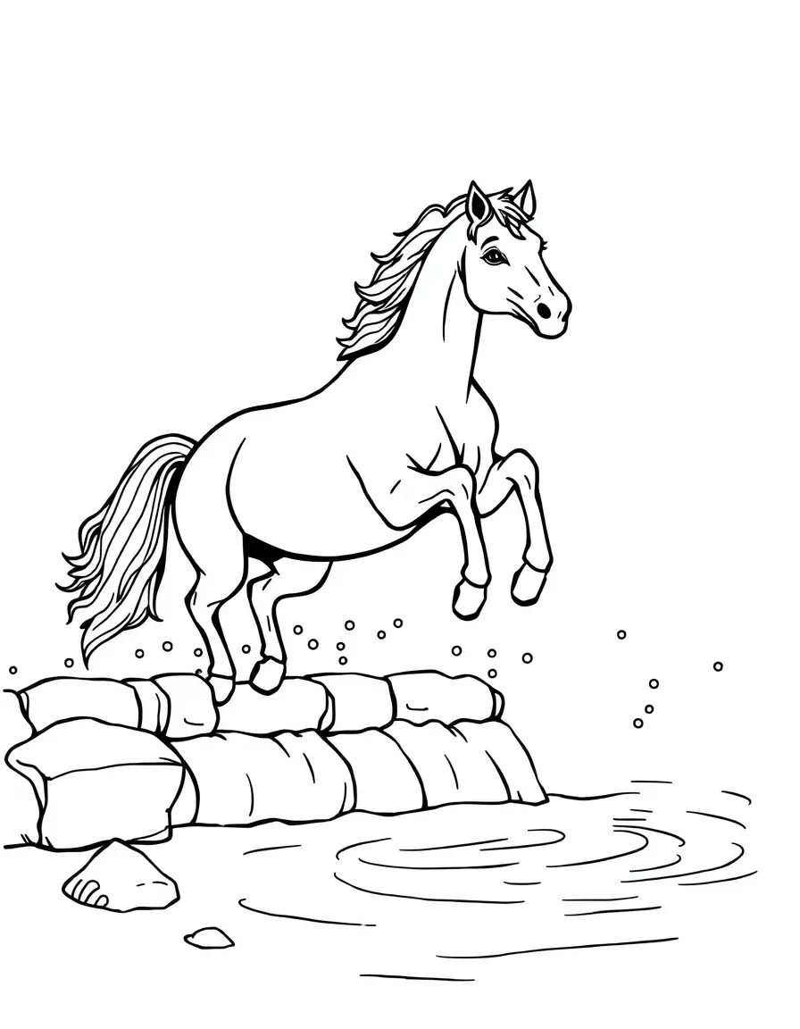 A horse jumping over water