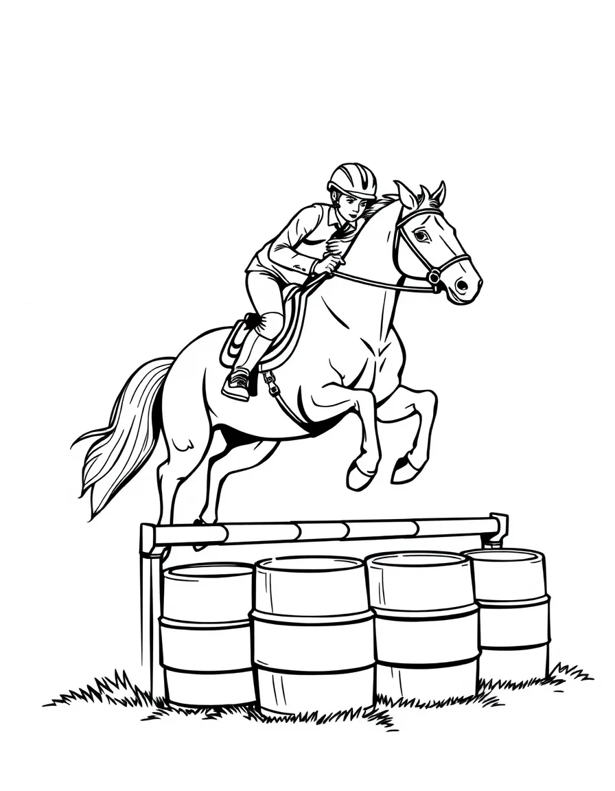 A horse and rider jumping over barrels