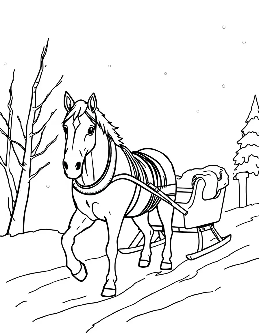 A horse pulling a sleigh in winter