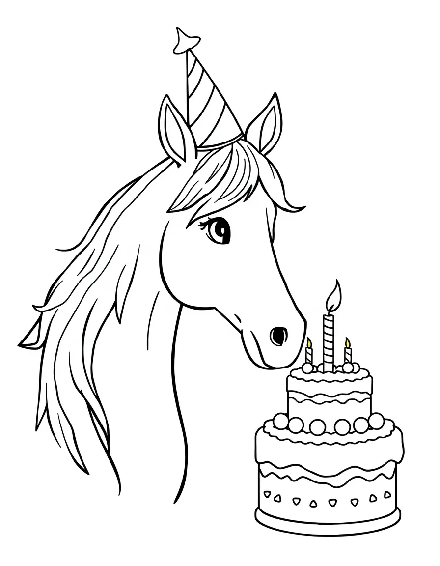 A horse with a birthday hat and cake
