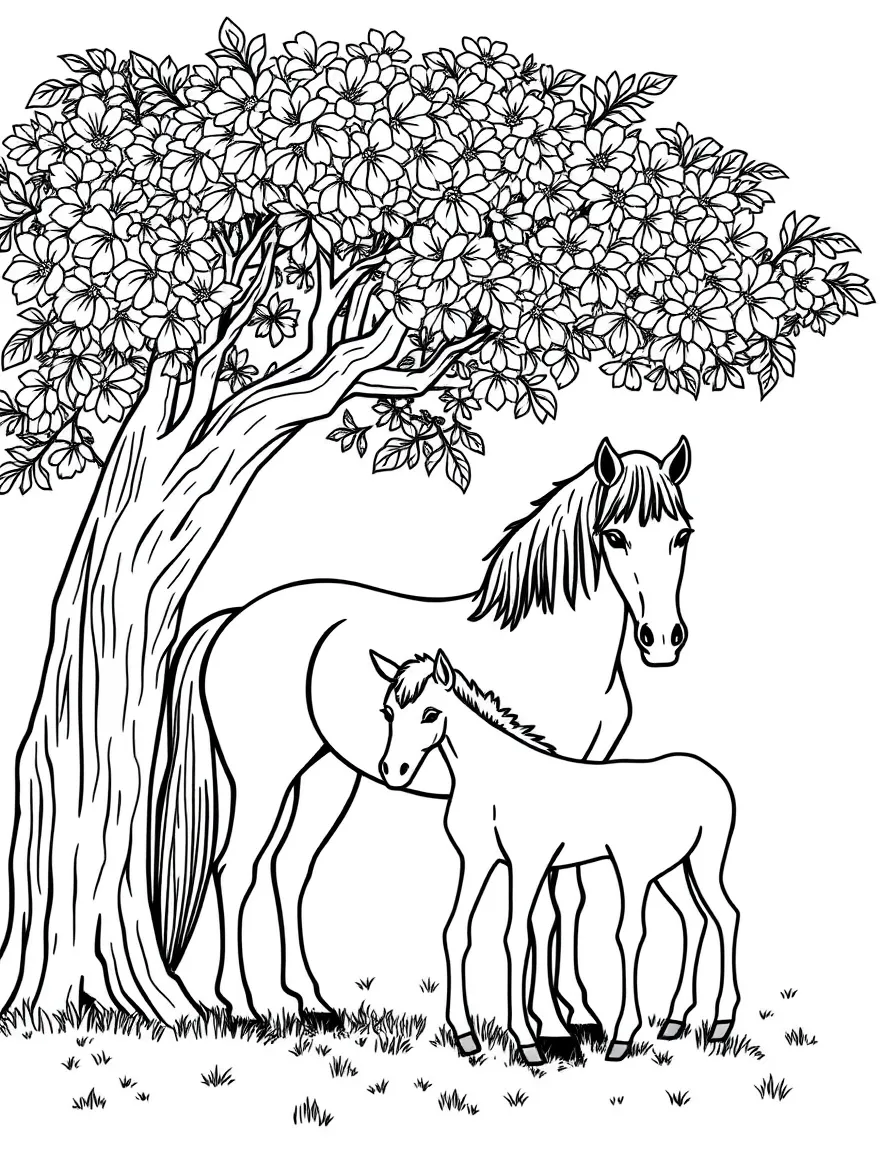 A horse with a foal under a tree