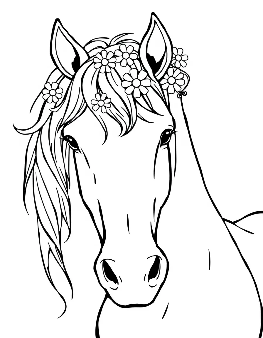 A horse with daisies in its mane