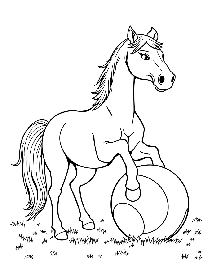 A horse playing with a large ball