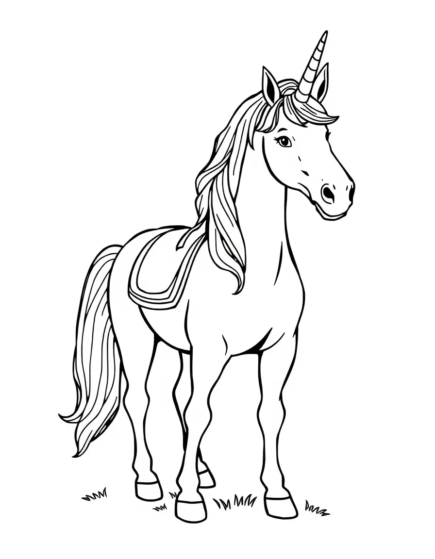 A horse dressed as a unicorn