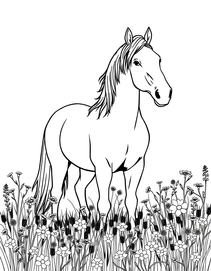 A horse in a meadow of wildflowers