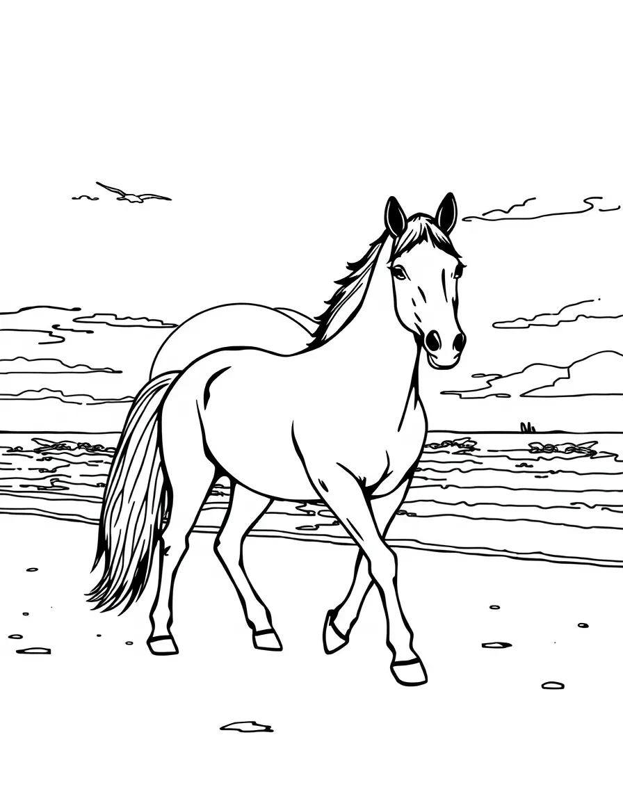 A horse walking on a beach at sunset