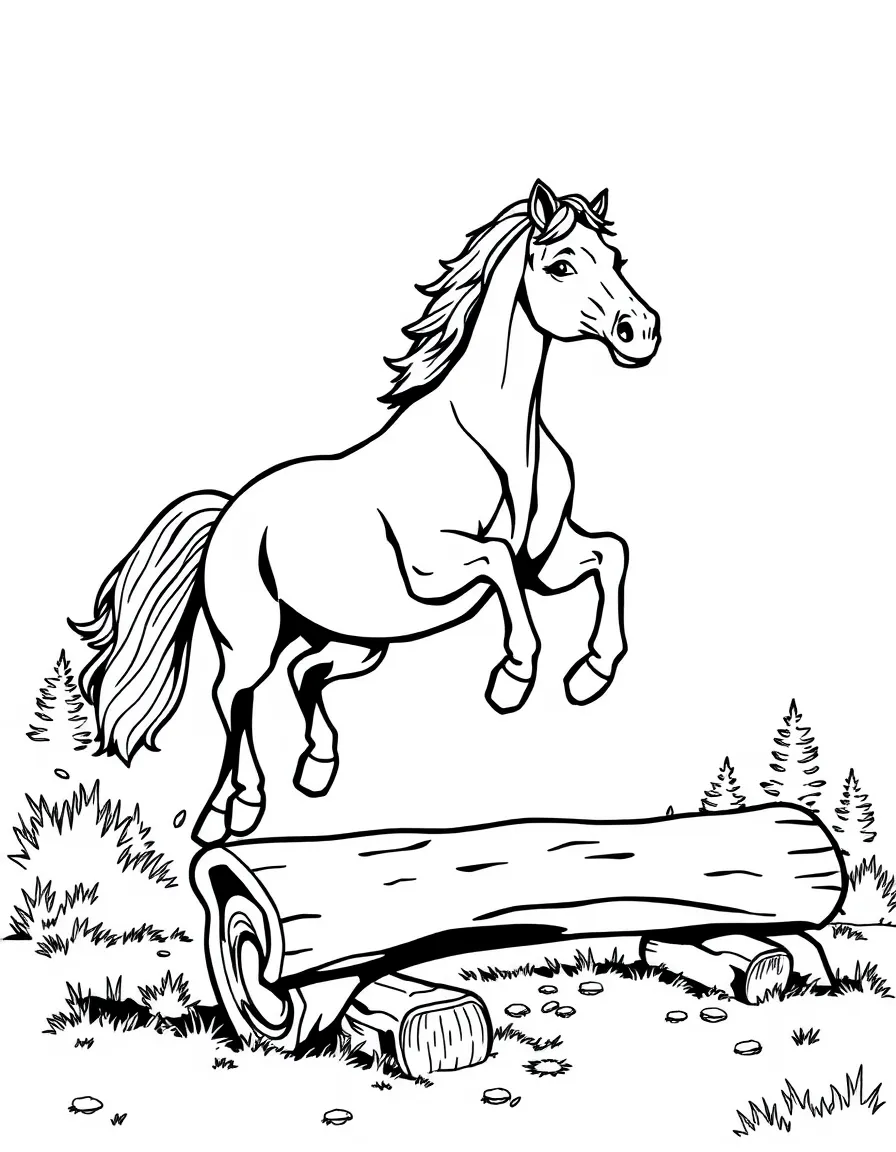 A horse leaping over logs