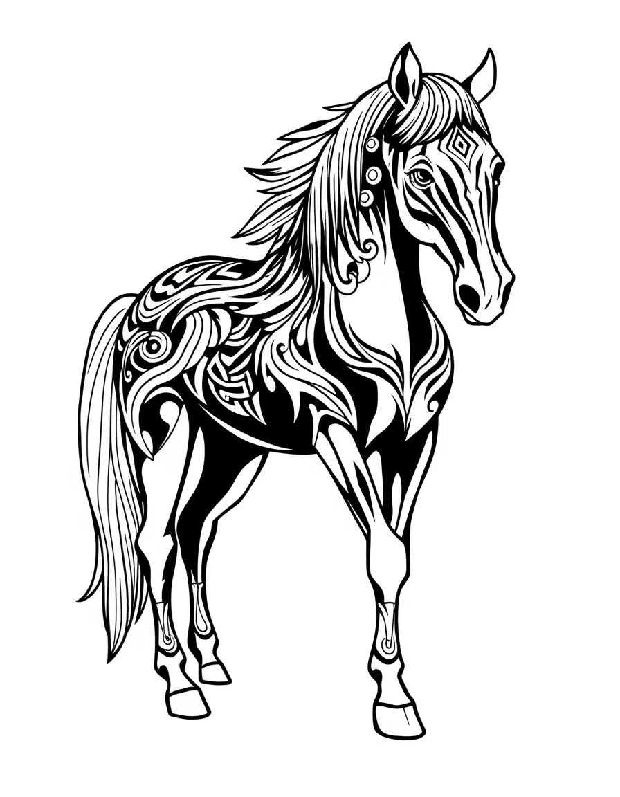 A horse covered in tribal paint
