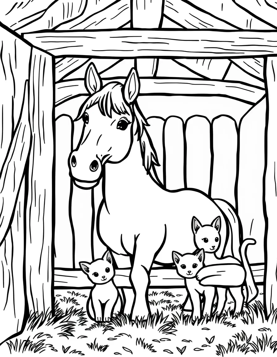 A horse in a barn with kittens